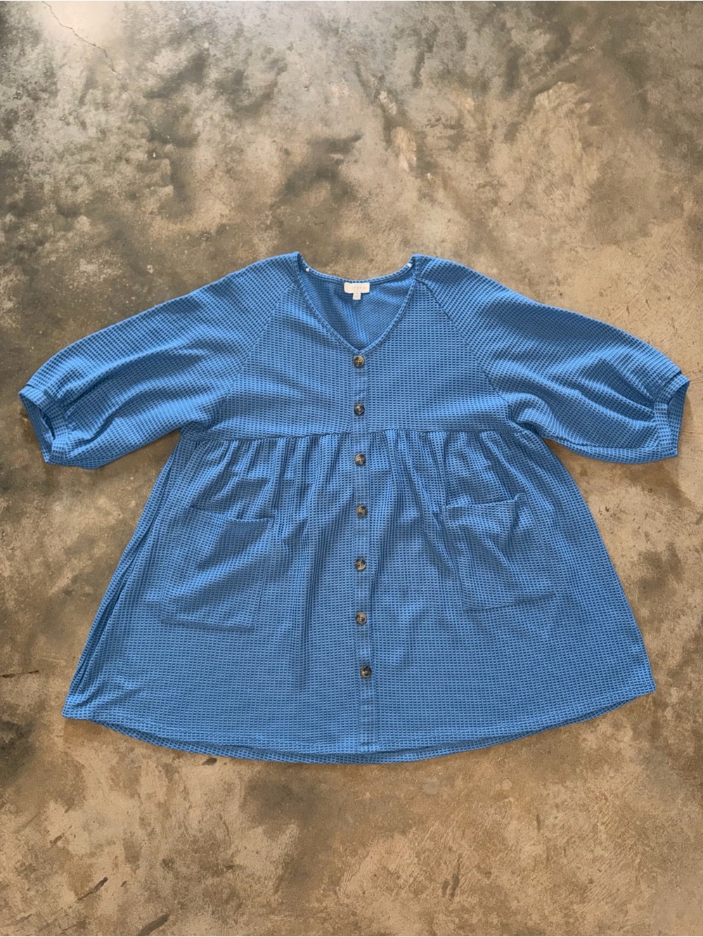 Umgee Blue Waffle Knit Tunic Top XL Babydoll Dress Oversized Boho Pockets - Picture 1 of 9